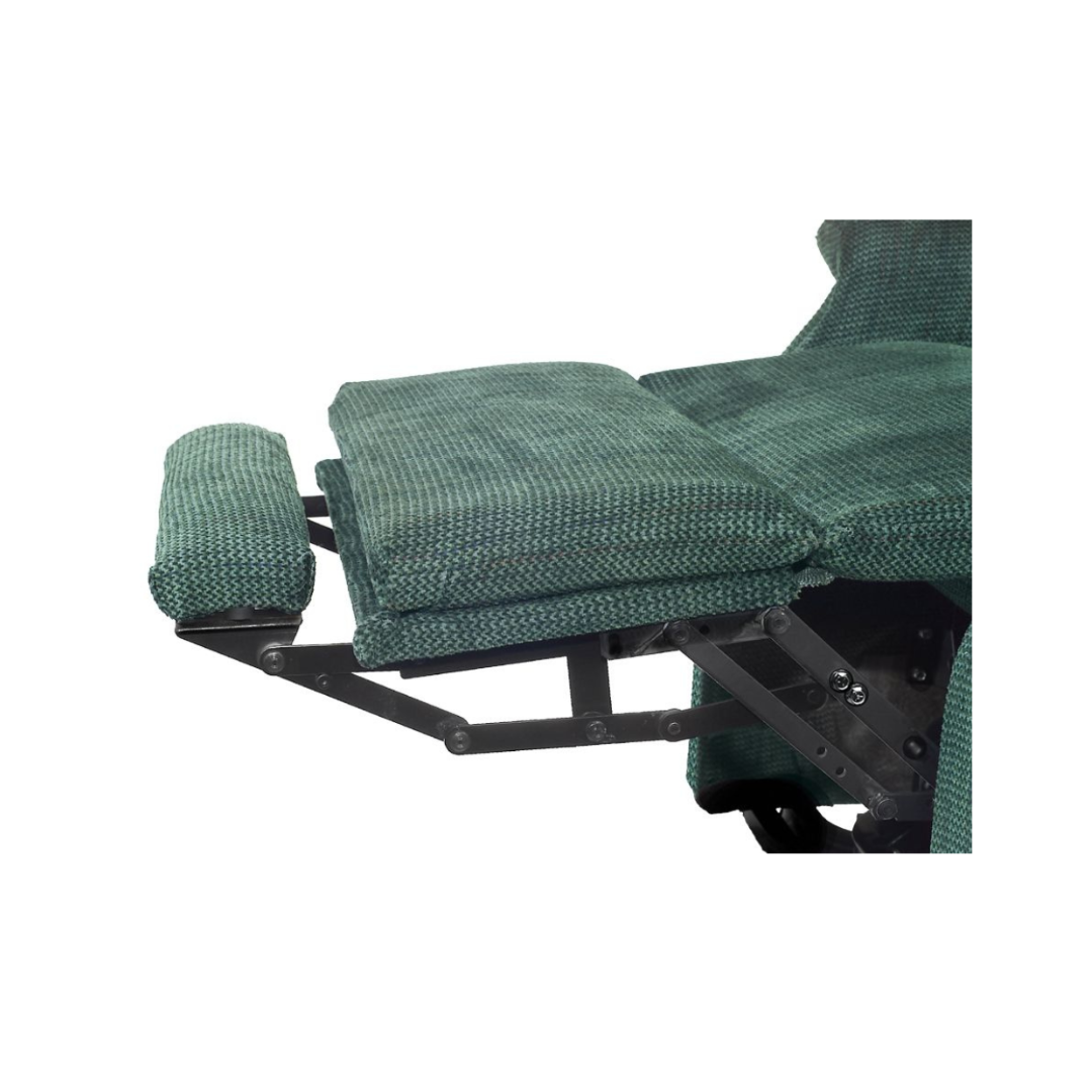 A close-up of the Golden Foot Extension for Lift Chairs shows it adding 3" to 5" to the extended footrest, offering extra padded leg support with a sturdy metal mechanism.
